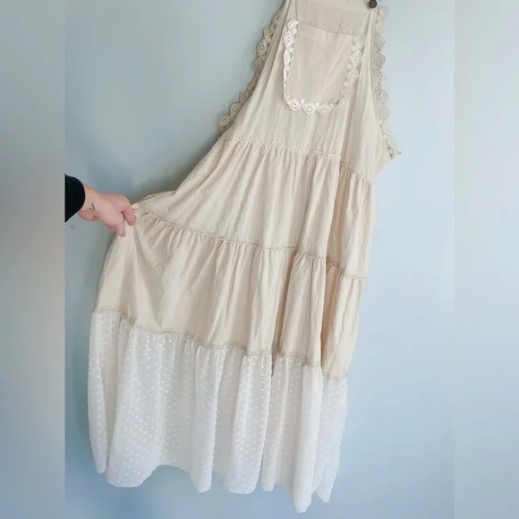 Prairie Cottagecore Tiered Overall Dress Beige Lace Trim Adjustable Straps M/L - Picture 2 of 8